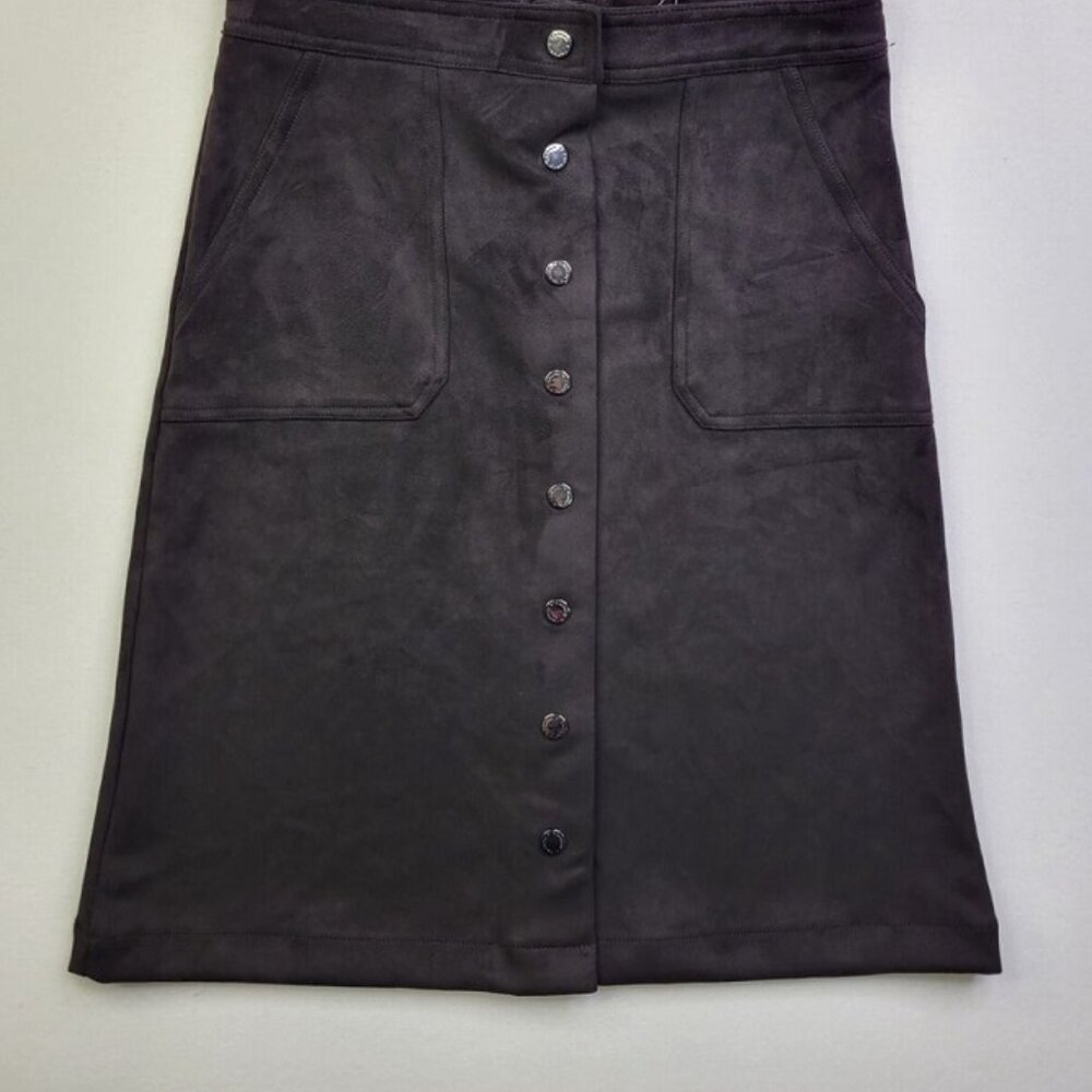 T Elie Tahari Black Faux Suede Button Front Midi A Line Skirt Size XS